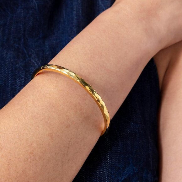 14K Gold Plated Waterproof Bangle for Women Beaded Hammered Hinge Bracelet - Picture 2 of 5